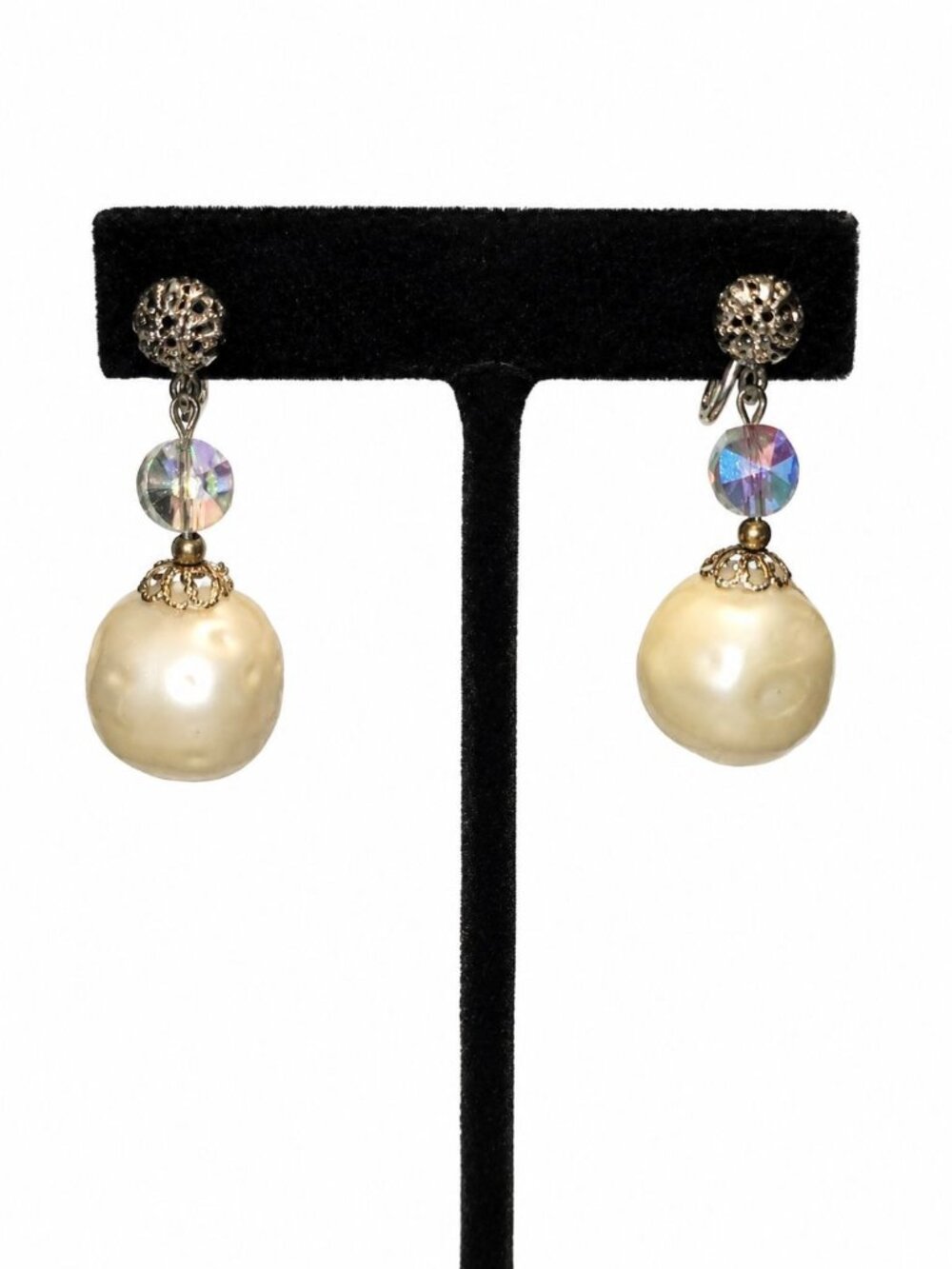 Vintage 1950s Large Faux Boroque Pearl AB Crystal MCM Screw Back Dangle Earrings